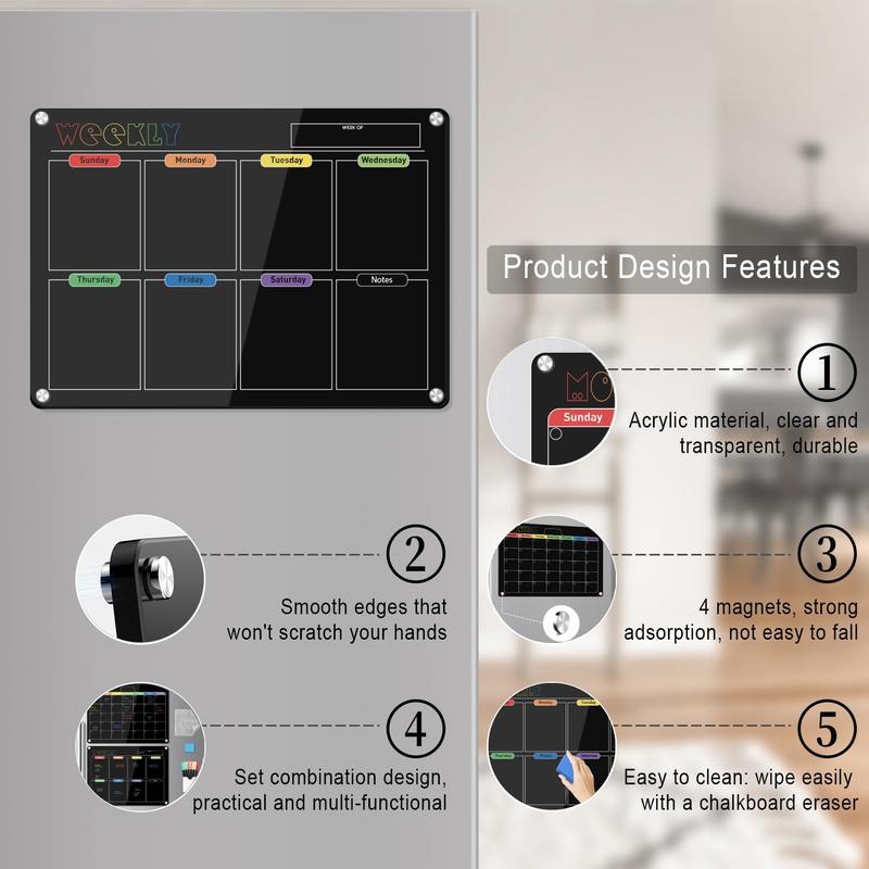 Hivillexun 3-Pack Black Acrylic Magnetic Dry Erase Boards Set - Streamline Your Organization on Refrigerators, Walls, and Fridges with Monthly, Weekly Calendars and Daily Notepads