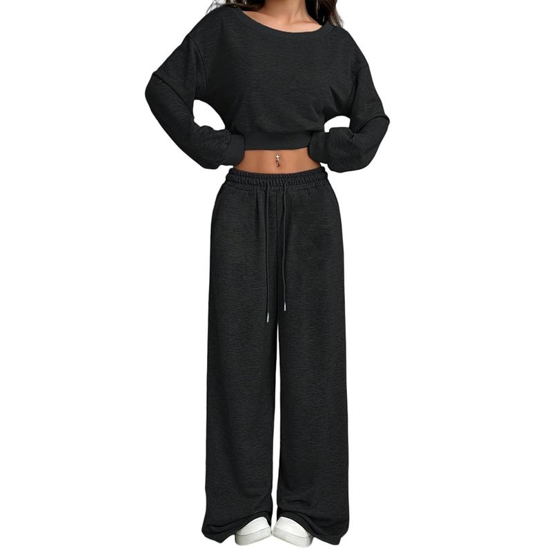 Two Piece Sets for Women Fall Sweatsuits Long Sleeve Off Shoulder Top Wide Leg Sweatpants Lounge Sets Tracksuit