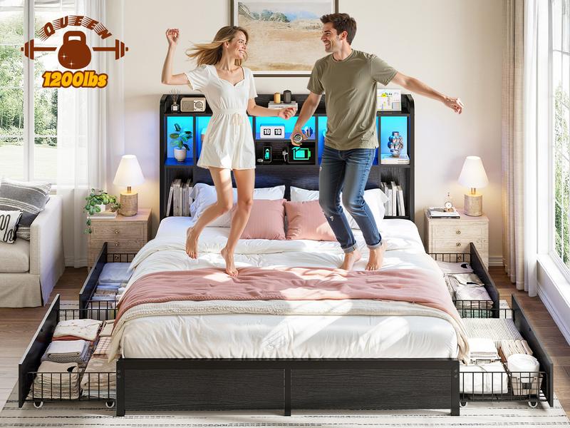 Raybee Modern Queen Bed Frame with 51" Tall Headboard, 9 Storage Compartments & 4 Drawers,  LED Platform Bed Frame with Charging Station,  Holds 1200LBS with Metal Frame  & Slats, No Noise, No Box Spring Needed,  Full, King, Black, Rustic Brown