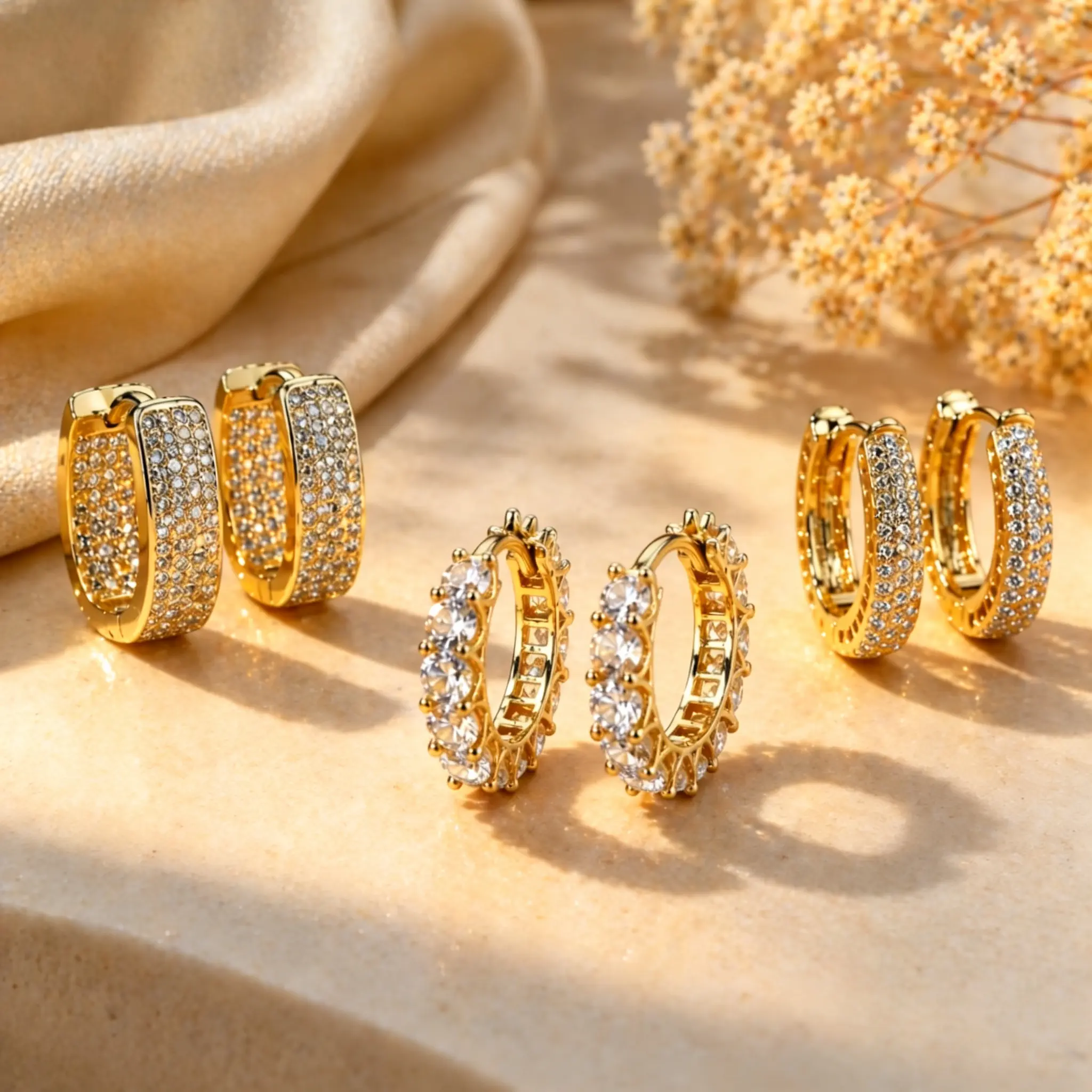 Women's 3-Pair Gold Cubic Zirconia Earrings Set - Lightweight Dainty Huggie Plug Studs, Gold Aesthetic Jewelry, Bling Effect Everyday Costume Pieces, Mother's Day Gift Earring Stacks, Jewelry Stack