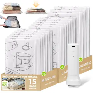 15pcs Cordless Travel Vacuum Bag Set (6S+6M+3L) Vacuum Bags for Travel with Rechargeable air Pump,Compressed packaging bag for Travel, Hands-free, Cordless, Rechargeable, Lightweight, Portable for Clothing Storage, Luggage and Suitcases