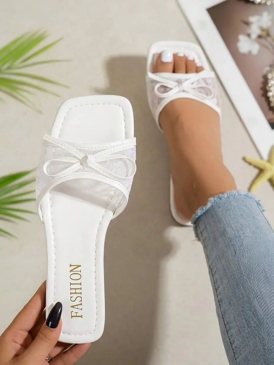 ADORN New Elegant Contrast Lace Mesh Bow Decor Slip-On Square Toe Flat Sandals, Multiple Colors For Women Summer Holiday,Beach Sandals
