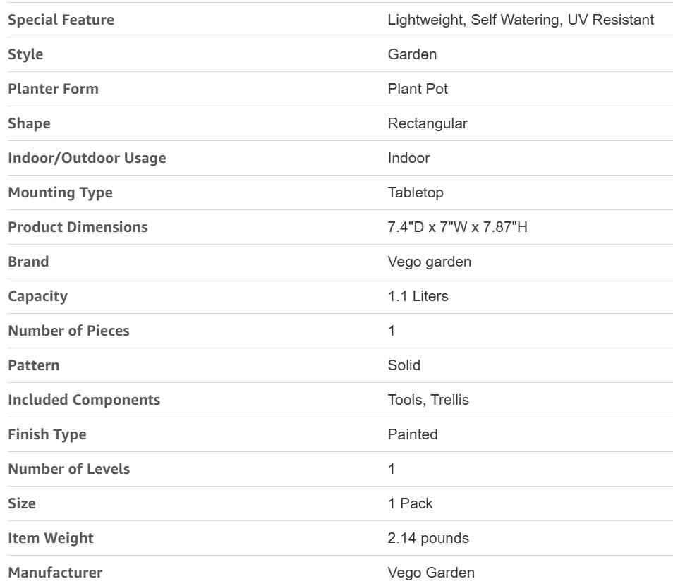Vego Garden Mini Planter Indoor Pots with Trellis Self-Watering Herb Countertop Planter for Climbing Vegetables Flowers Mint Plants Cage 1.1L Water Storage 15-Day Watering System