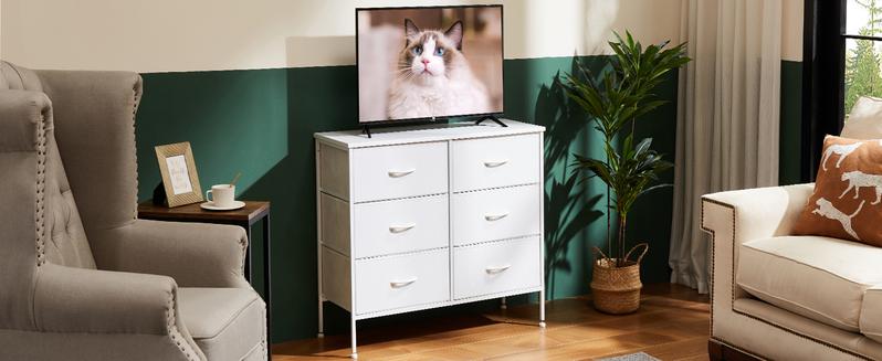 【Deal】SweetFurniture Dresser, 6 Drawers Wide Fabric Storage Units Chest of Drawers with Metal Frame and Wooden Top for TV Stand up to 45", Living Room