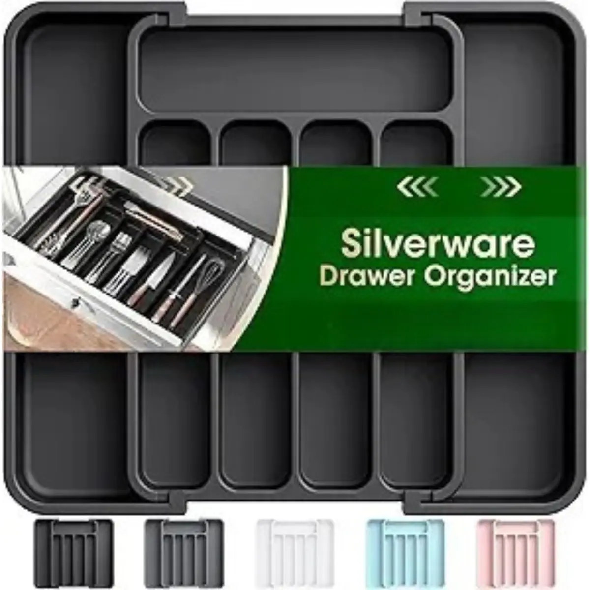 Modern Adjustable Utensil Organizer - Expandable Black Durable Plastic Kitchen Drawer Organizer with Divided Compartments, Multi Compartment Design for Forks, Knives and Multipurpose Storage