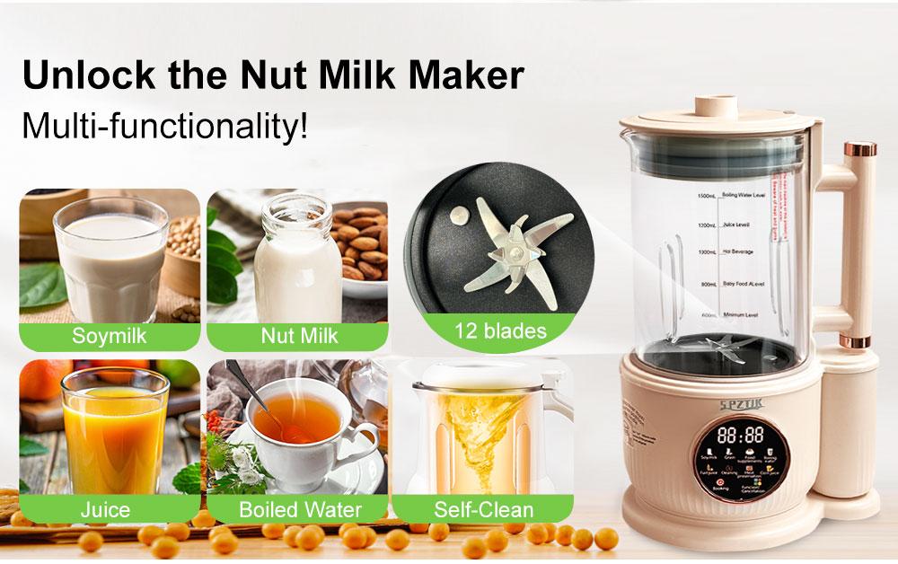 Nut milk maker, 10-in-1 self-made automatic plant, Soy, Almond, Oat, Coconut Milk, etc., multi-functional / 12-hour timer/automatic cleaning/room temperature/heat preservation/boiling/room temperature/soundproof cover