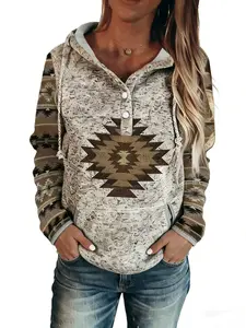 Women's Vintage Aztec Print Henley Hoodie - Long Sleeve, Drawstring Hooded Sweatshirt with Side Pockets, Western Boho Style Casual Pullover for Fall & Winter Daily Outfits