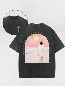 Couple Retro Washed Print T Shirt Featuring Jesus Walking on Water Sunset Scene with Cross Embroidery Crew Neck Short Sleeve Regular Length Relaxed Fit Hem Design