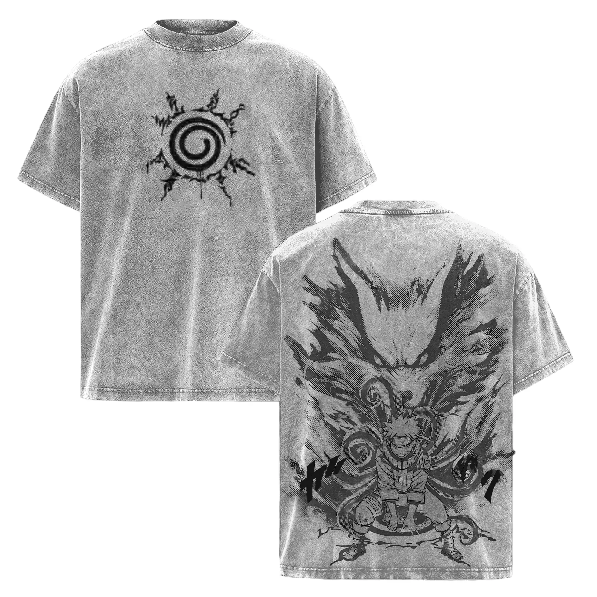 Naruto x Kurama - Naruto Anime Double Printed Vintage Washed Unisex Oversize Anime Manga Washed Heavyweight Cotton T-shirt, gifts For Anime Fan, Anime Lover  Clothes soft Anime Lover Wash vintage anime tee