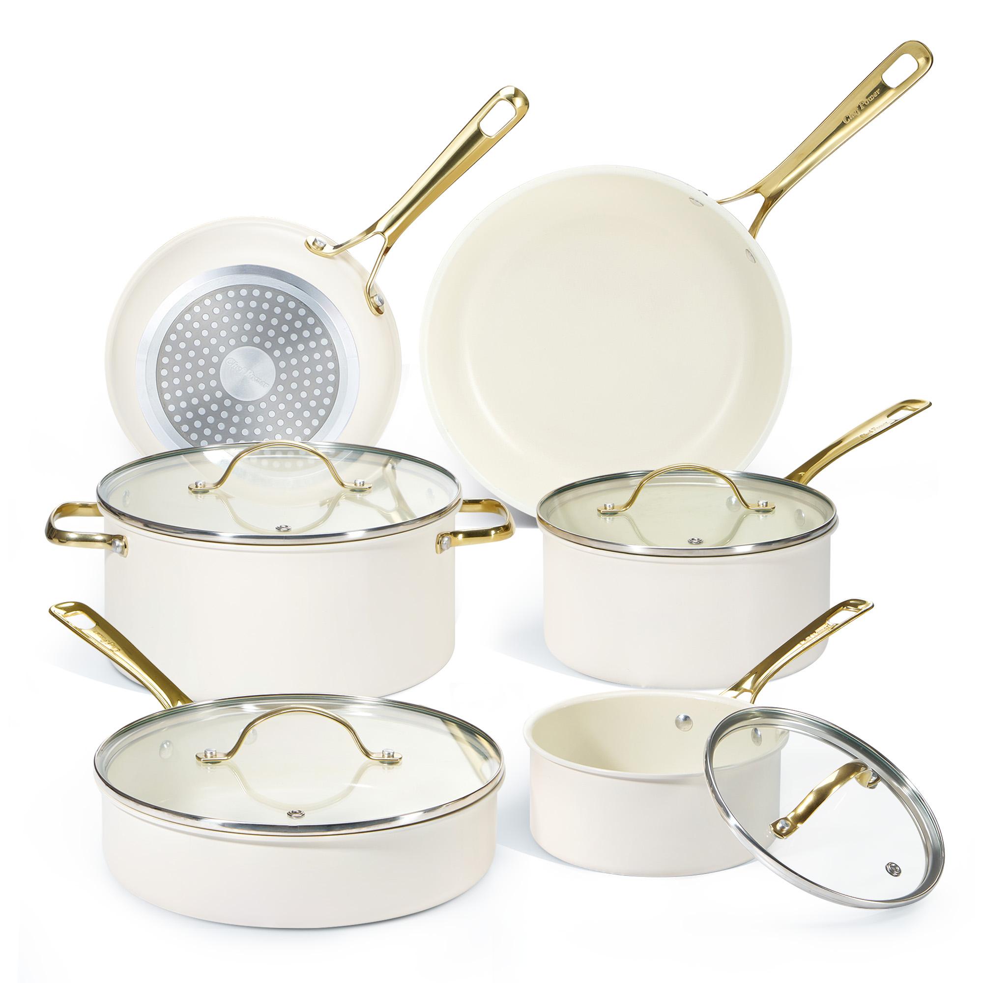 Chef Power 10-Piece Ceramic Non-Stick Cookware Set with Stainless Steel Handles Dishwasher & Oven Safe Cream White & Gold Accents Induction Gas Electric Safe