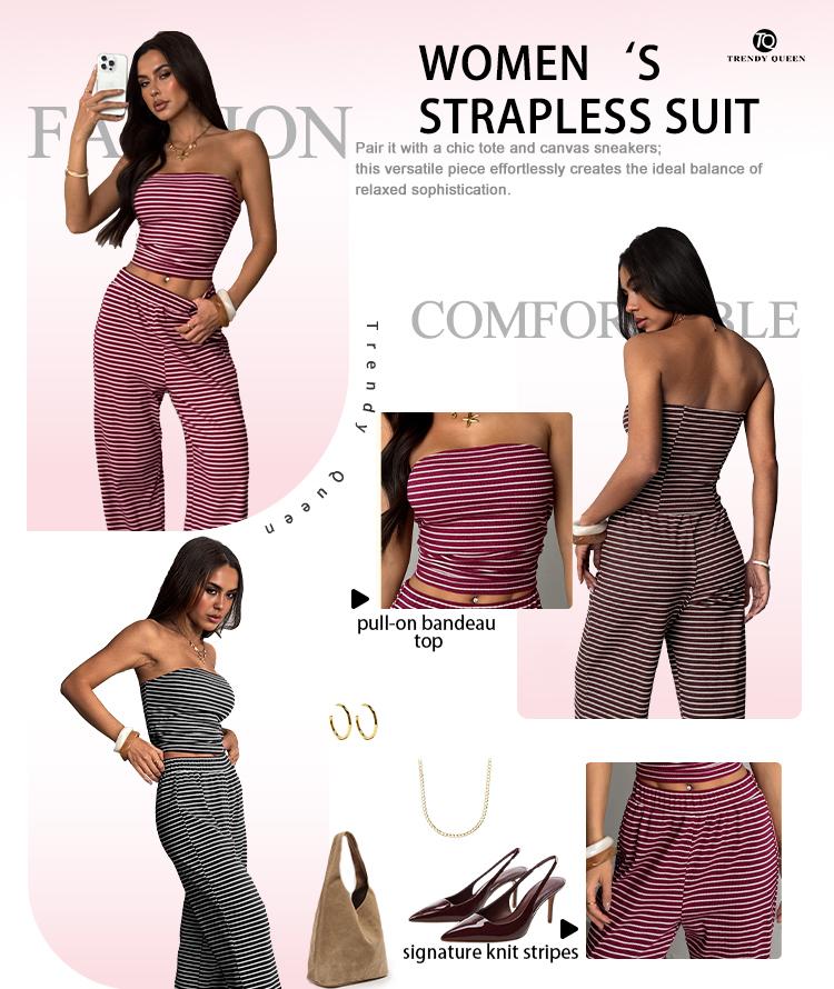 TrendyQueen Women's Sailor Tube Set - Striped Strapless Top & Mid-Rise Wide Leg Pants Co-ord-Minimalist Two Piece Outfits for Casual Wear SpringFresh