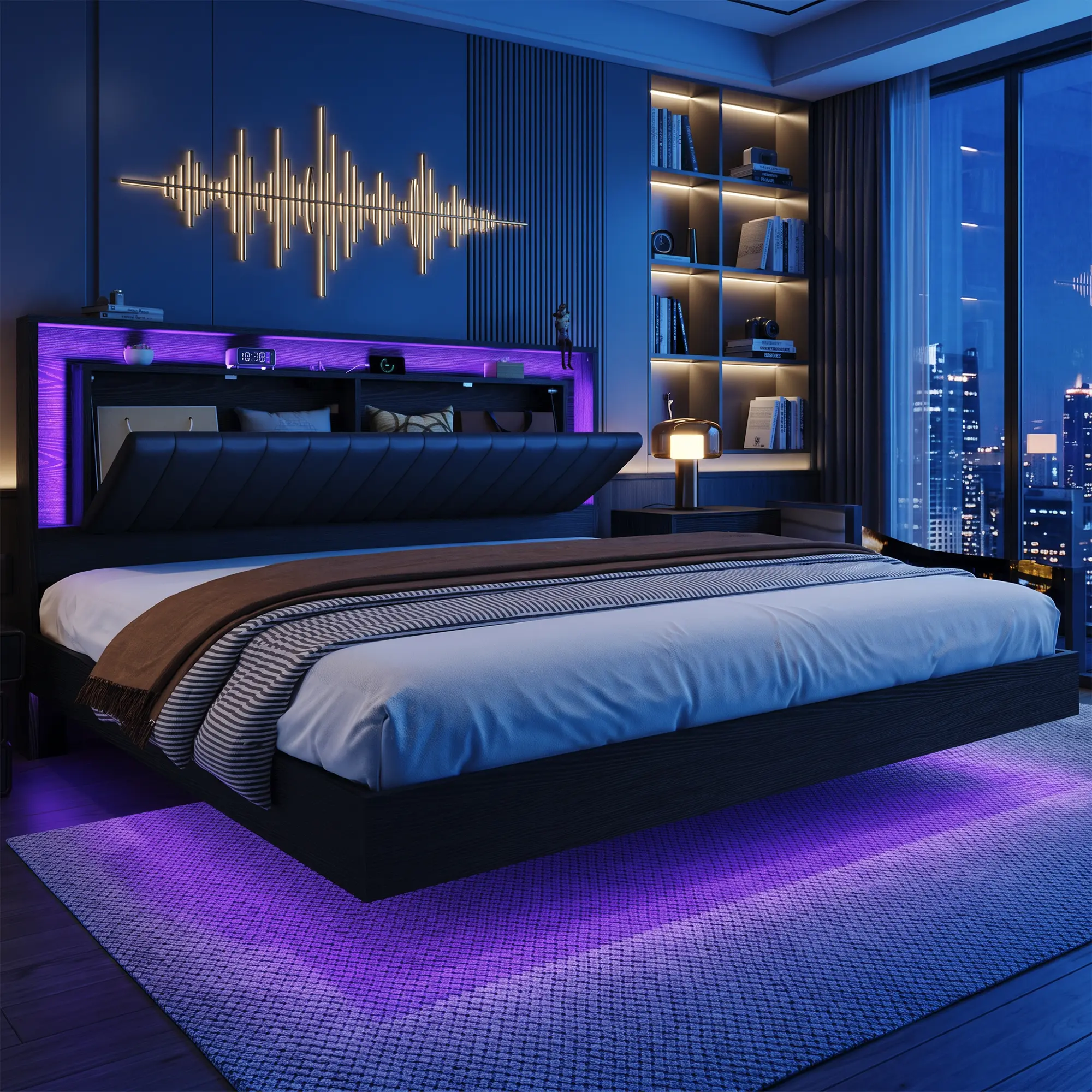 Belffin King Size Bed Frame with LED Lighting - Upholstered Soft Floating Bed Frame & Headboard, Wood Slats Support, No Box Spring Needed, Noise-Free Luxury Indoor Furniture [tiktokshopbacktoschool][SohoChic]