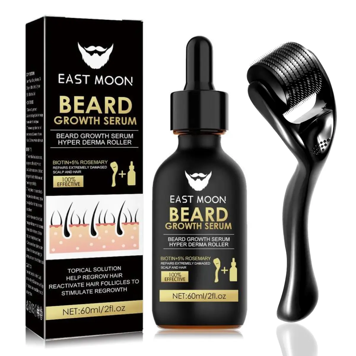 East Moon Beard Growth Kit - Beard Growth Serum & Derma Roller, 60ml Nutritional Oil for Thicker Shiny Beards, Fuller Beard Growth, Fills Patchy Spots Fast, Daily Beard Care Tools, Men's Grooming Gifts, Father's Day Gifts