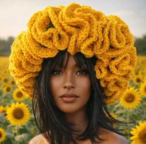 Crochet Sunflower Hat with Ruffled Brim - Green