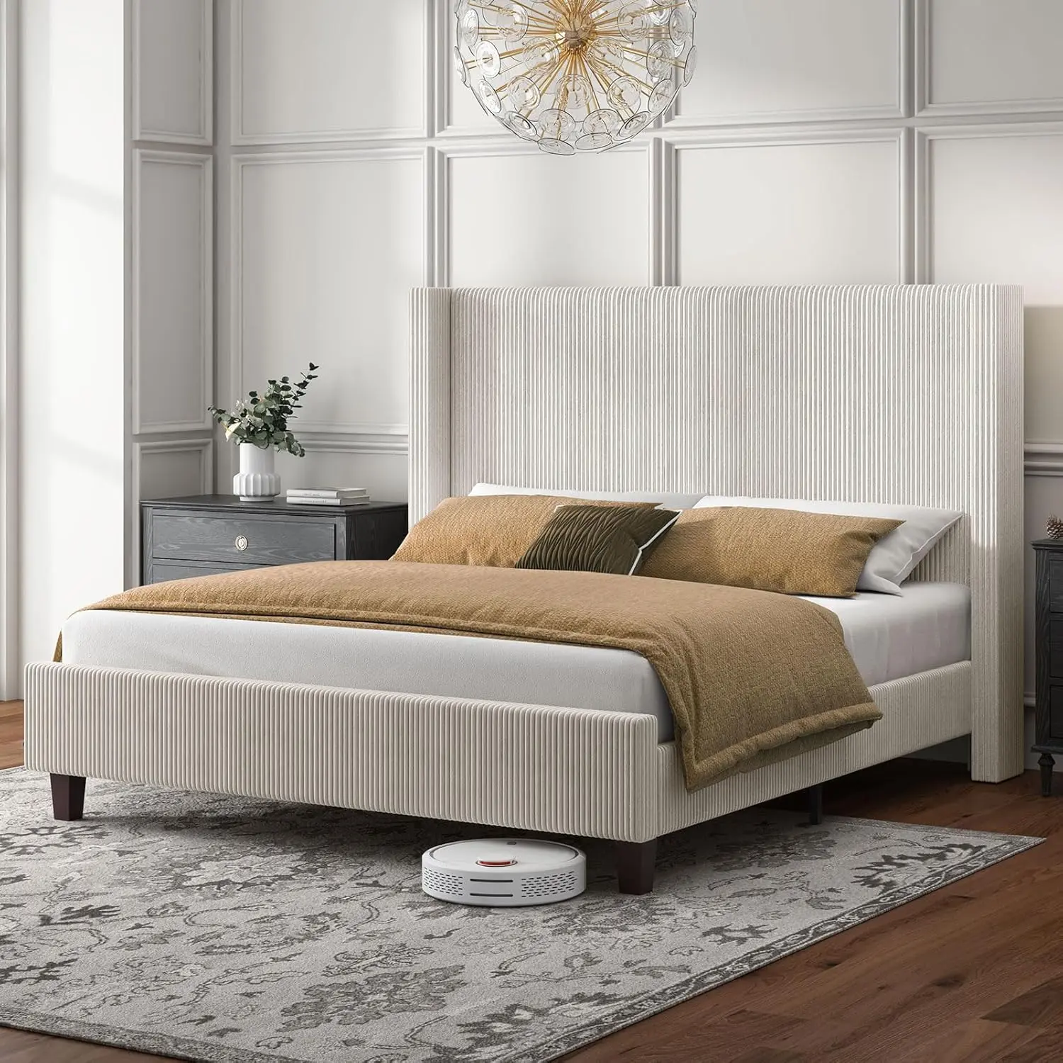 【Bed Frame Only】VanAcc Upholstered Platform Bed Frame, Wingback Bed with 50.8" Headboard, Modern Corduroy Design, Solid Wood Leg/No Box Spring Needed, Unique Bedroom Furniture #homemakeover