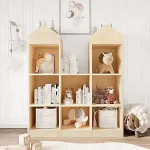 Children's shelf wooden children's bookcase toy shelf with 3 levels shelf 8 open compartments, castle shape design, storage shelf toy cabinet children's room furniture for toys books and dolls