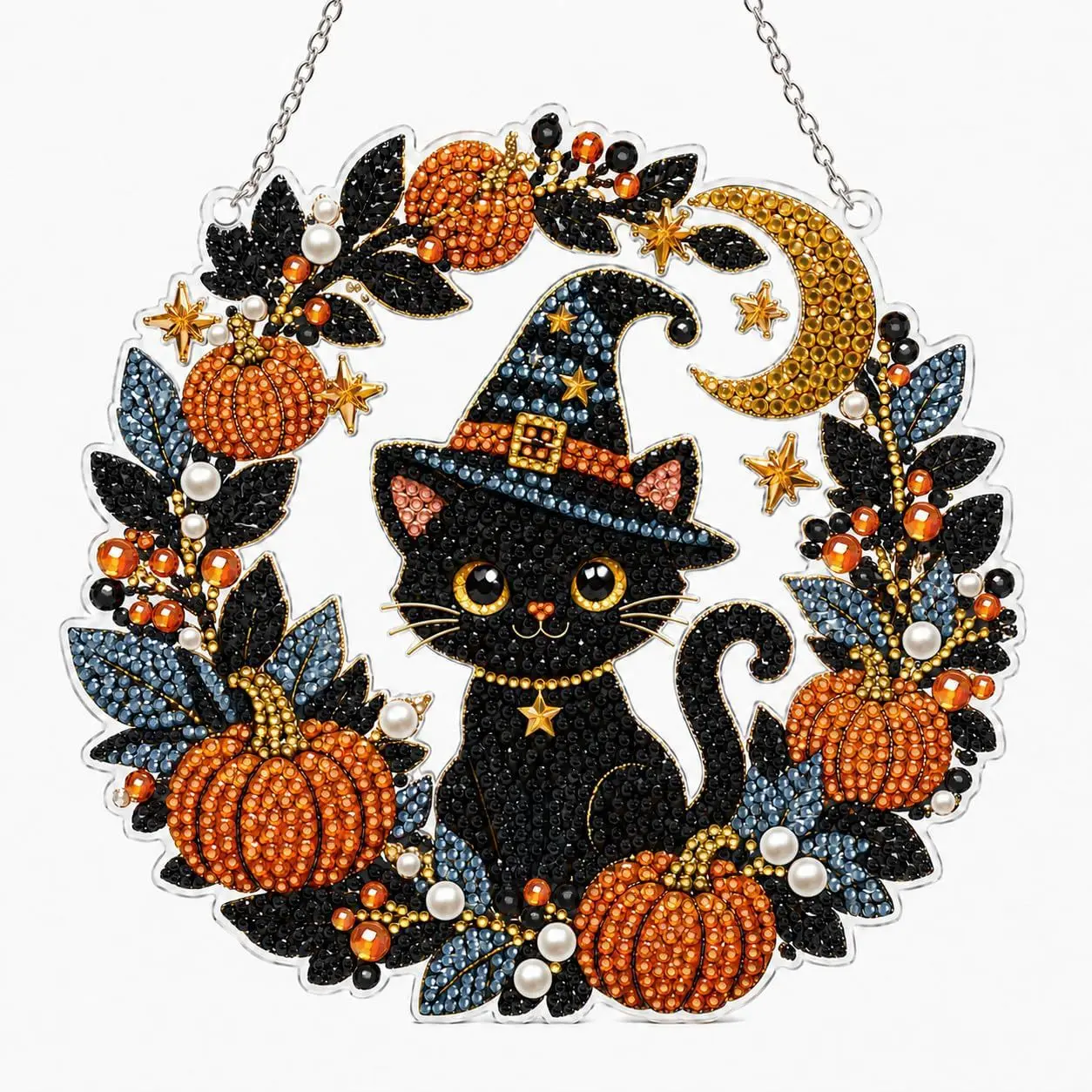 Halloween Black Cat DIY Diamond Painting Wreath Kit, Acrylic Gem Bead Mosaic Ornament with Chain, Pumpkin & Moon Pattern Hangable Figurine for Home Door Window Halloween Decoration