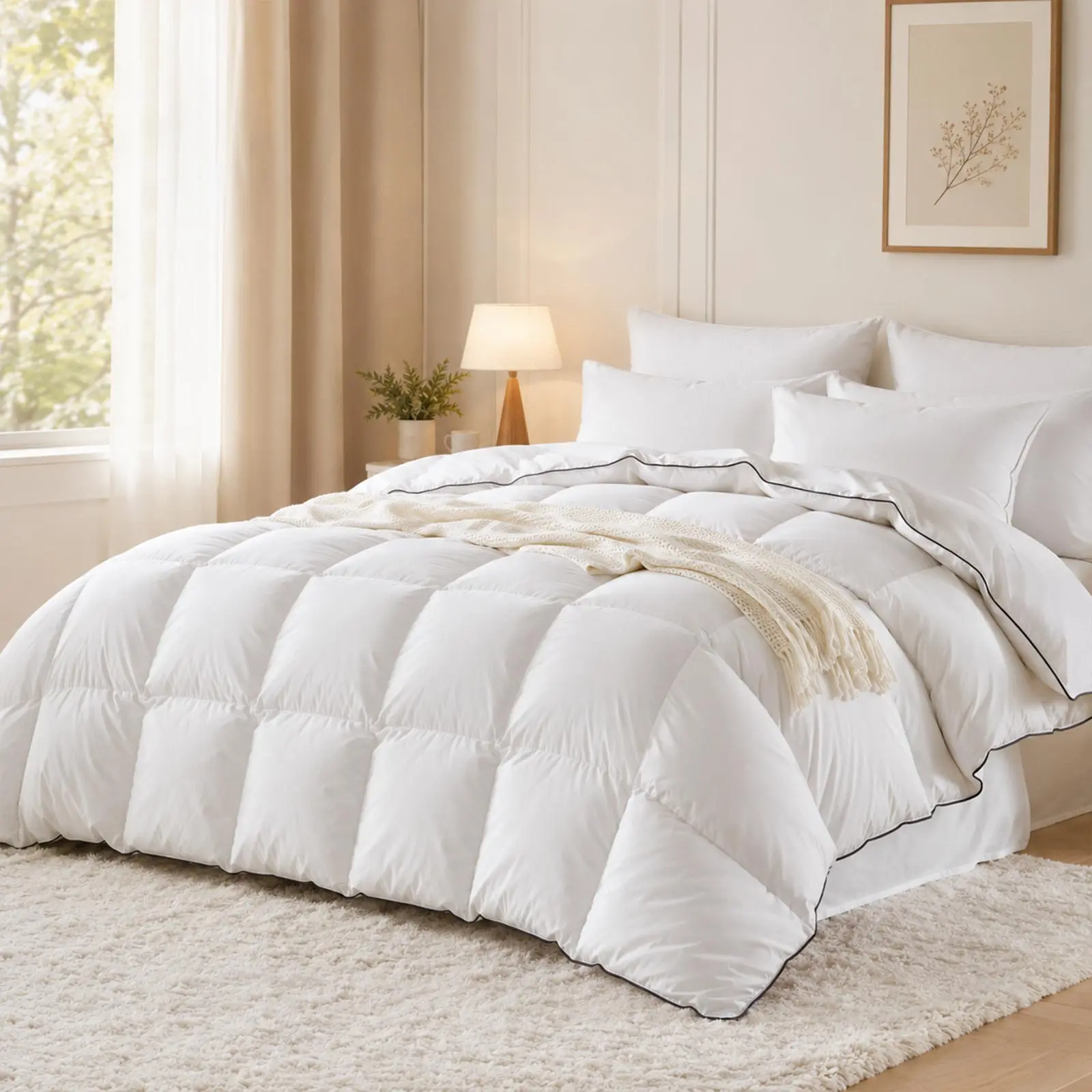 Queen Size Goose Feather Down Fiber Comforter, White, 90x90in, Medium Warmth All-Season Duvet Insert, 100% Organic Cotton Fabric, High Fill Power Hotel Collection, Soft Fluffy Breathable, 8-Corner Tabs, Black Piping