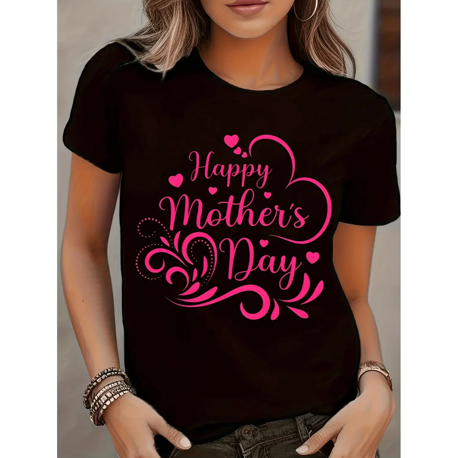 Mother S Day Mama Graphic T Shirt for Women Casual Comfort Fit Black with Pink Letter Print and Heart Design Machine Washable Perfect Gift for Mom