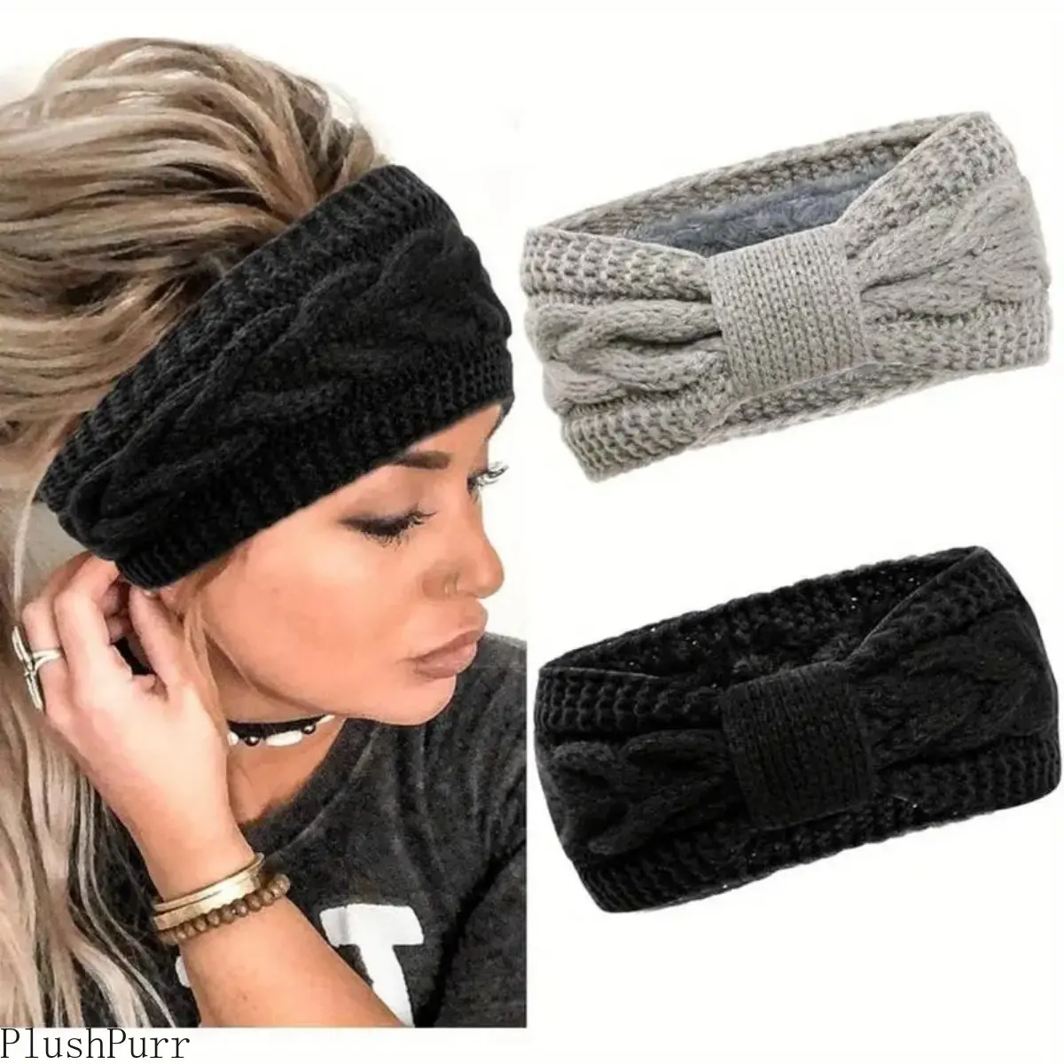 Female 2-Pack Solid Color-1 Winter Furry Ear Warmer Headbands - Stretch Elastic Jacquard Weave Synthetic Fabric Soft Hairbands, Everyday One Size Fits Most, Black & Grey Cold Weather Gear with Storage Bag