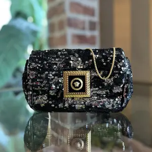 Pre-owned VERSACE Sequin Crossbody Bags Mini Flap Silver Shoulder Bag