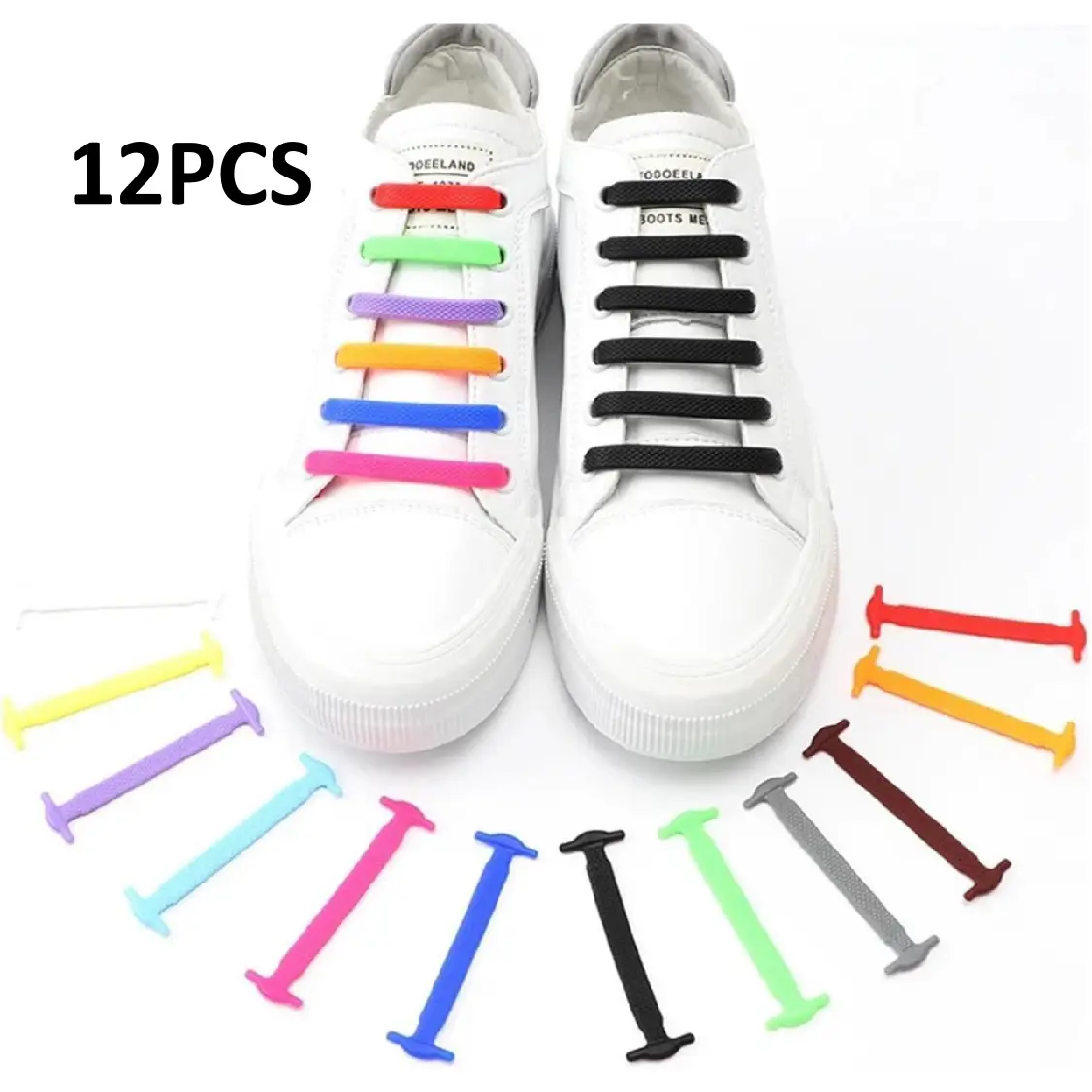 12PCS No-Tie Silicone Shoelaces, Flat Elastic Waterproof Slip-On Laces for Footwear - Adults’ Casual Sneakers & Sports Shoes, Easy Installation, Secure Fit, Ideal for Running & Daily Wear
