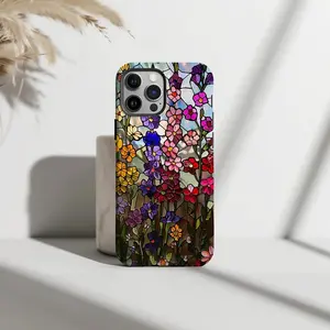 Dark Hydrangea Stained Glass Phone Case, Wildflower Artful Vintage Floral Aesthetic, for IP 11 12 13 14 15 16 17 Pro, Plus, Promax, S21,22,23,24,25 Ultra, Tough Case, Magsafe Case
