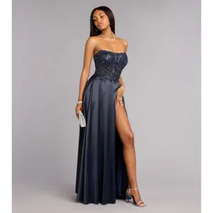 Magnolia Satin Corset Slit Formal Dress