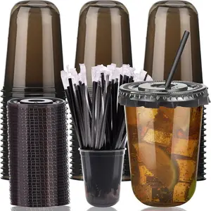 100 Set Disposable Plastic Cups 500ml 16oz Black Clear Plastic Cups with Lids and Straws Disposable Iced Coffee Cups for Cold Drinks Slushie Smoothie Lemonade Party Coffee Shop Supplies