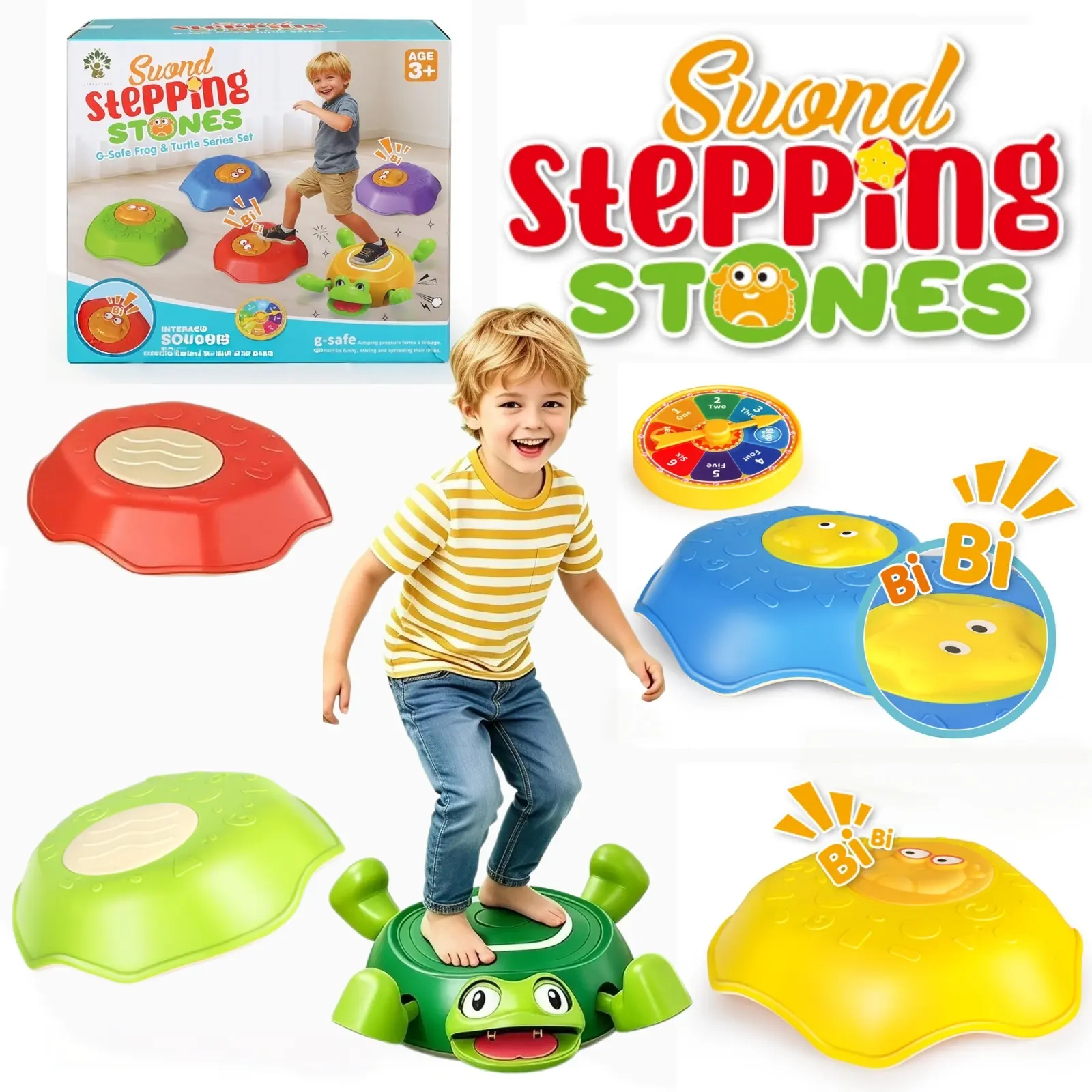 Kids Plastic Balance Stepping Stones Set with Interactive Light-Up Sound Turtle, Non-Slip Stackable Turtle Shells, Unisex Sensory Obstacle Course Toy, Indoor Outdoor Active Play Learning Gift for 3+ Years Toddlers (Toddler Toys, Sensory Products), Qihe