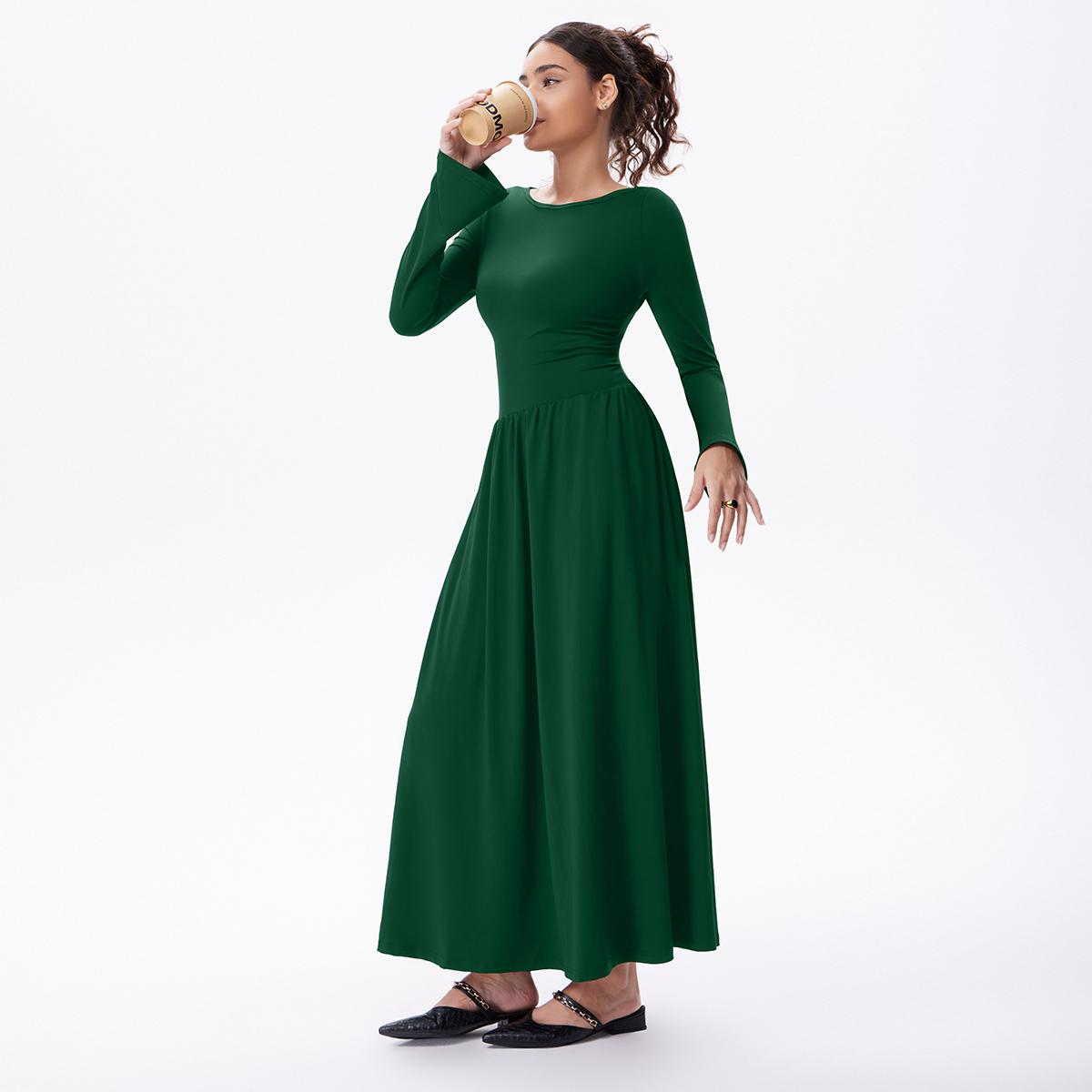 OQQfitness Womenswear Maxi Flowy Dresses Bell LongSleeve Boat Neck Adjustable Back Tie Casual Elegant Empire Waist Lace Basic Minimalist with Pockets SpringStatements