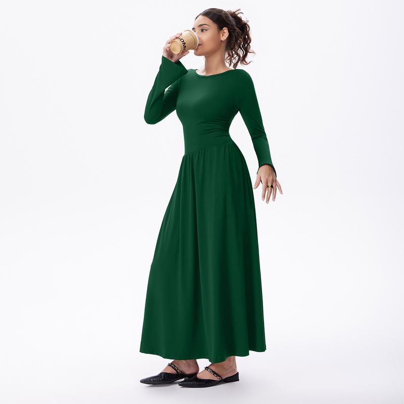 OQQfitness Womenswear Maxi Flowy Dresses Bell LongSleeve Boat Neck Adjustable Back Tie Casual Elegant Empire Waist Lace Basic Minimalist with Pockets