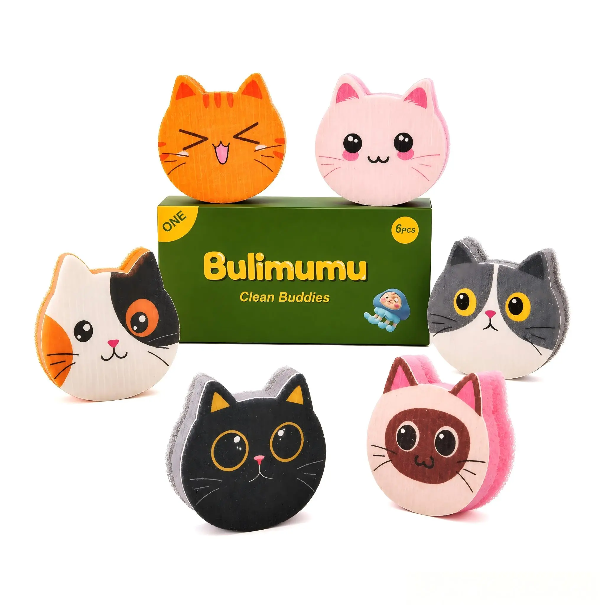 Bulimumu Oeko-Certified 3-Layer Multi-Material Durable Household Cleaning Sponge Wipes, 6PC Set - Cute Cat Magic Hand Dish Scrubber Value Pack, Gift Boxed for Kitchen Pots, Stove, Dorm Rooms, Apartments