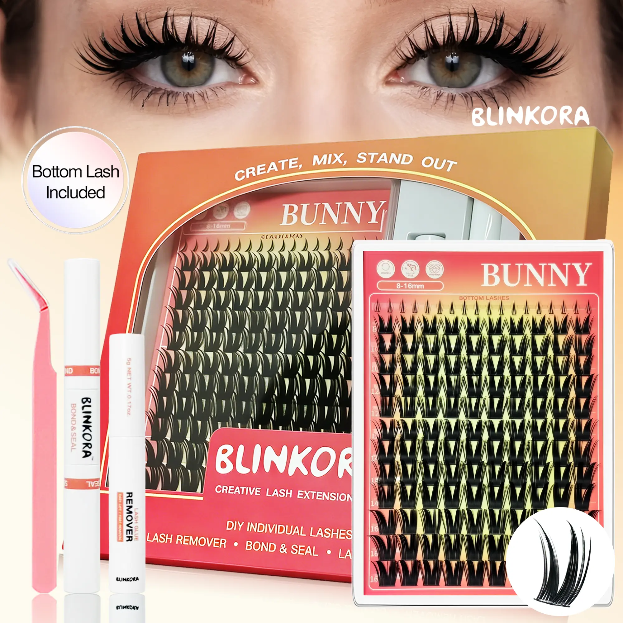 Blinkora Bunny Cluster Lash Kit - Doll, Manga, Wispy Anime Lashes with spikes, Waterproof, Long-Lasting DIY, Beginner-friendly, Bond, Seal, Remover & Applicator, 10-16mm Natural Volume Cluster Lashes, Thin Band False Eyelashes, Look like extensions