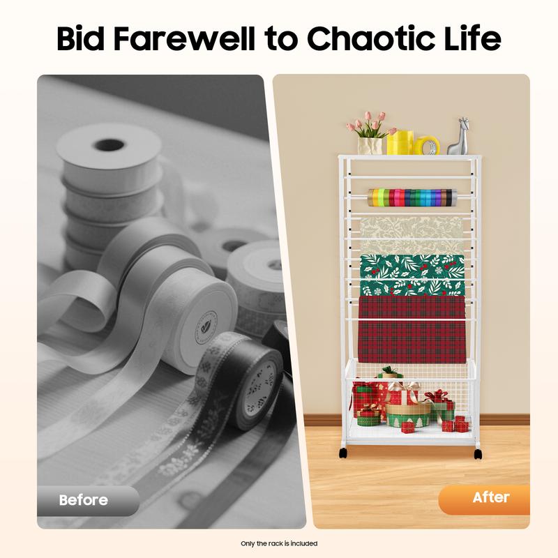 Industrial 16 Tier Double Sided Rolling Craft Rack with Locking Wheels for Ribbon Fabric Scarf Storage Display Organizer Heavy Duty Metal Shelving Unit Black White Freestanding