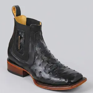 Men's Black Ostrich Print Chelsea Western Boots Square Toe