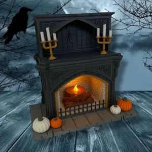 Haunted Hearth – 8" Light-Up Halloween Fireplace Set with Pumpkins & Candelabra