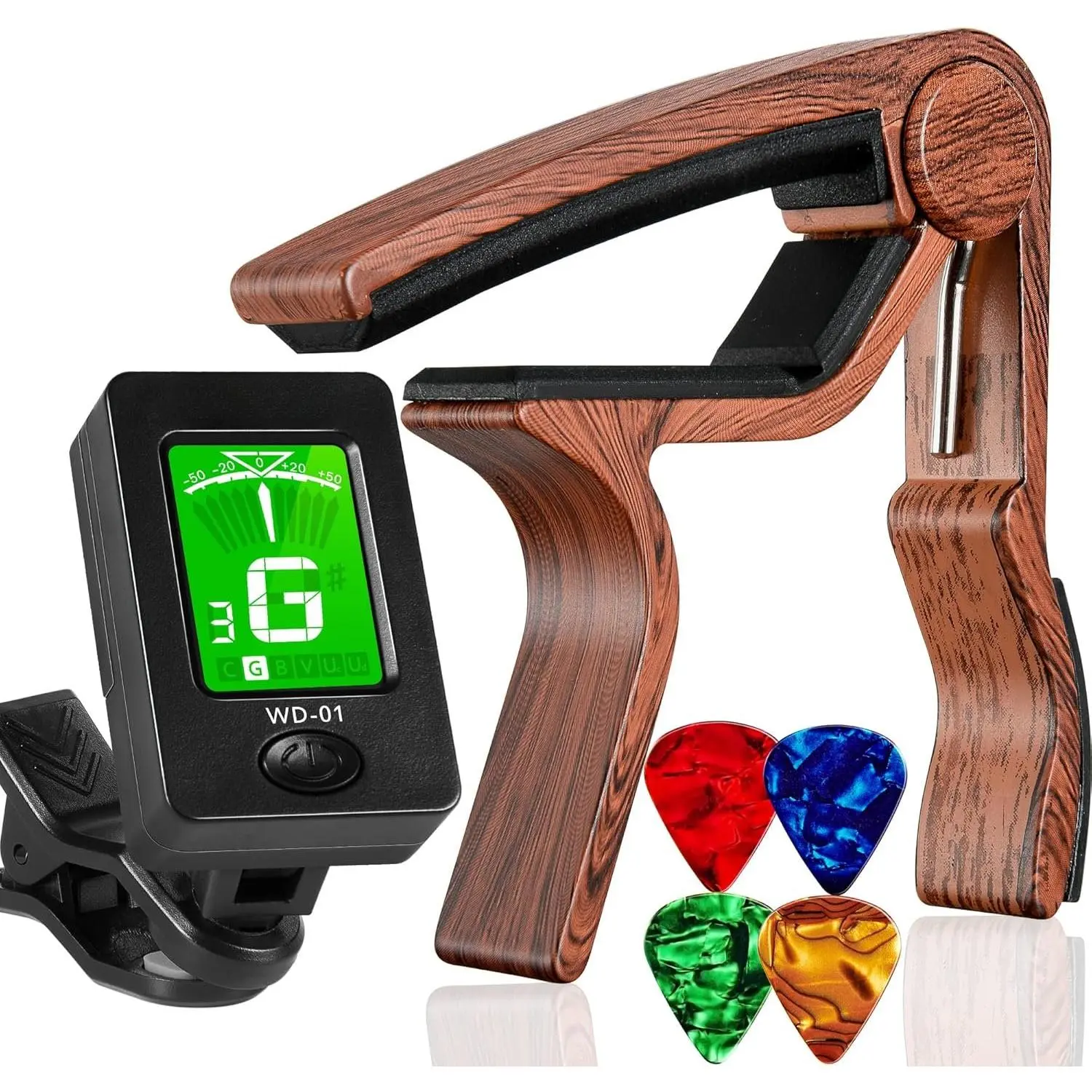 Guitar Tuner and Guitar Capo, Clip- Tuner with Rosewood Color Capo for Acoustic Electric Guitar Bass Ukulele