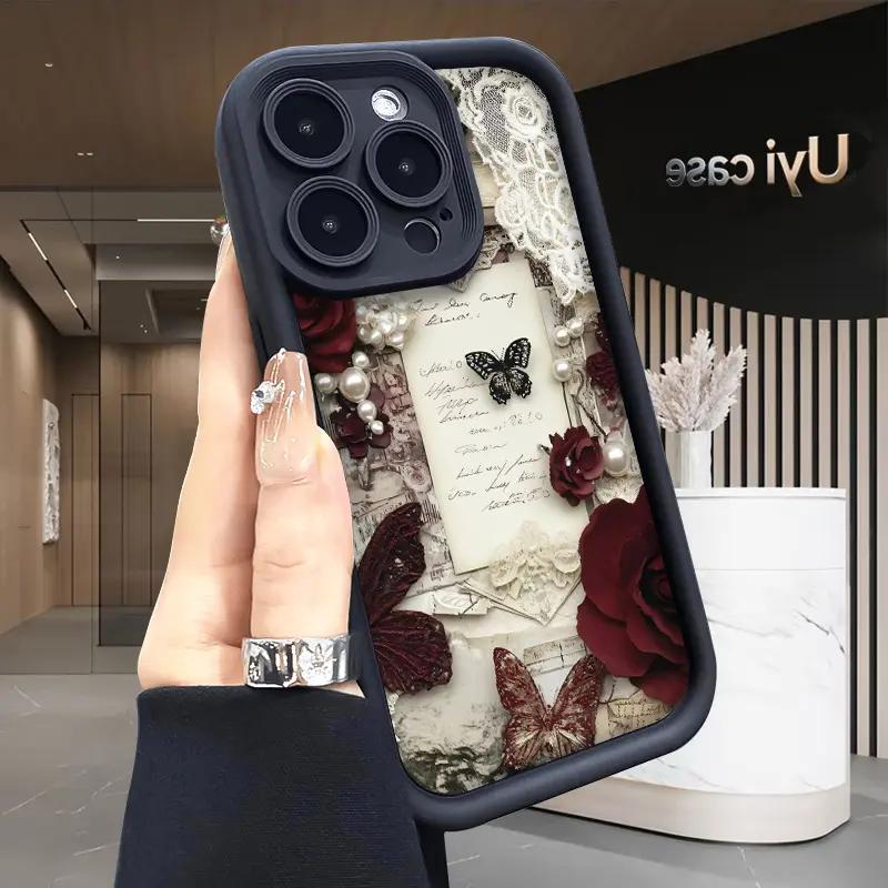 Romantic Rose Letters pattern phone case, compatible with iPhone 17 Pro Max, 16 Pro Max, 15 Pro, 14, 13, 12, and 11.  Shockproof and drop-resistant phone case made of durable silicone material.
