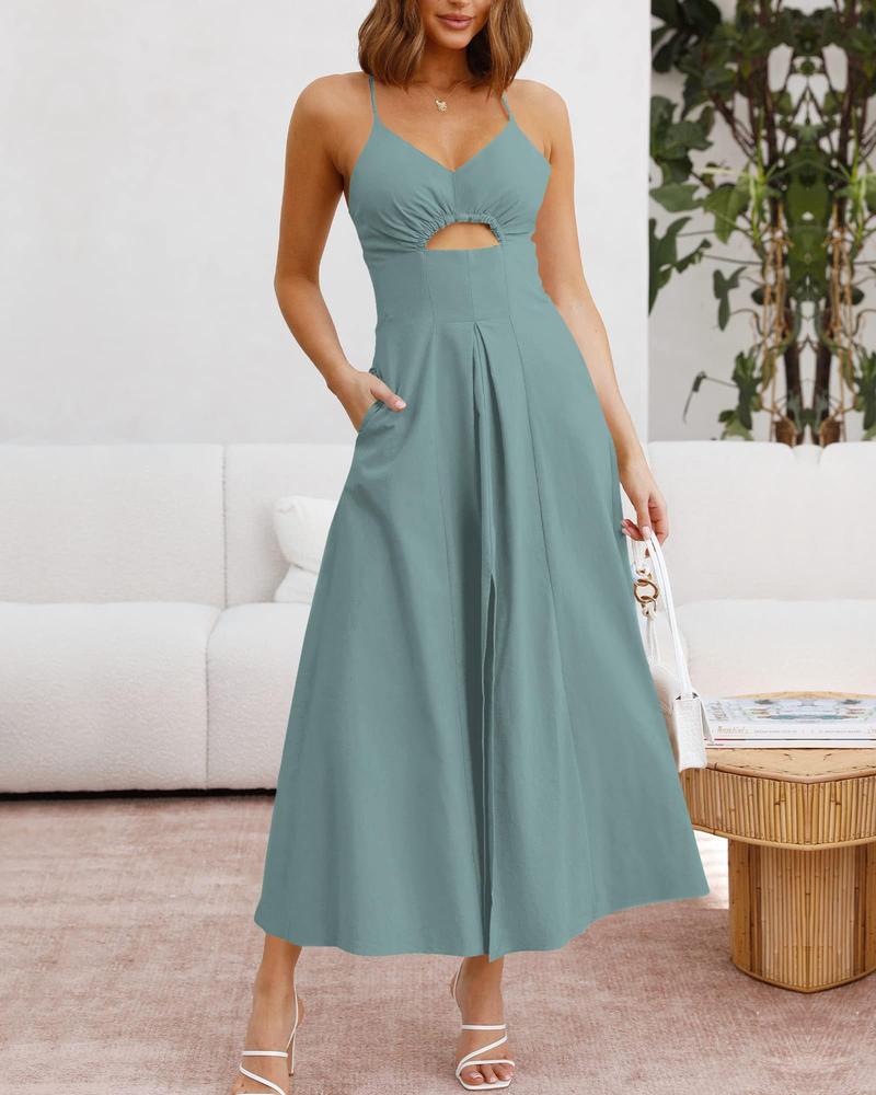 BTFBM Women's 2026 Summer Sleeveless Spaghetti Strap Maxi Dress V-Neck Cutout Slit Beach Party Dress with Pockets