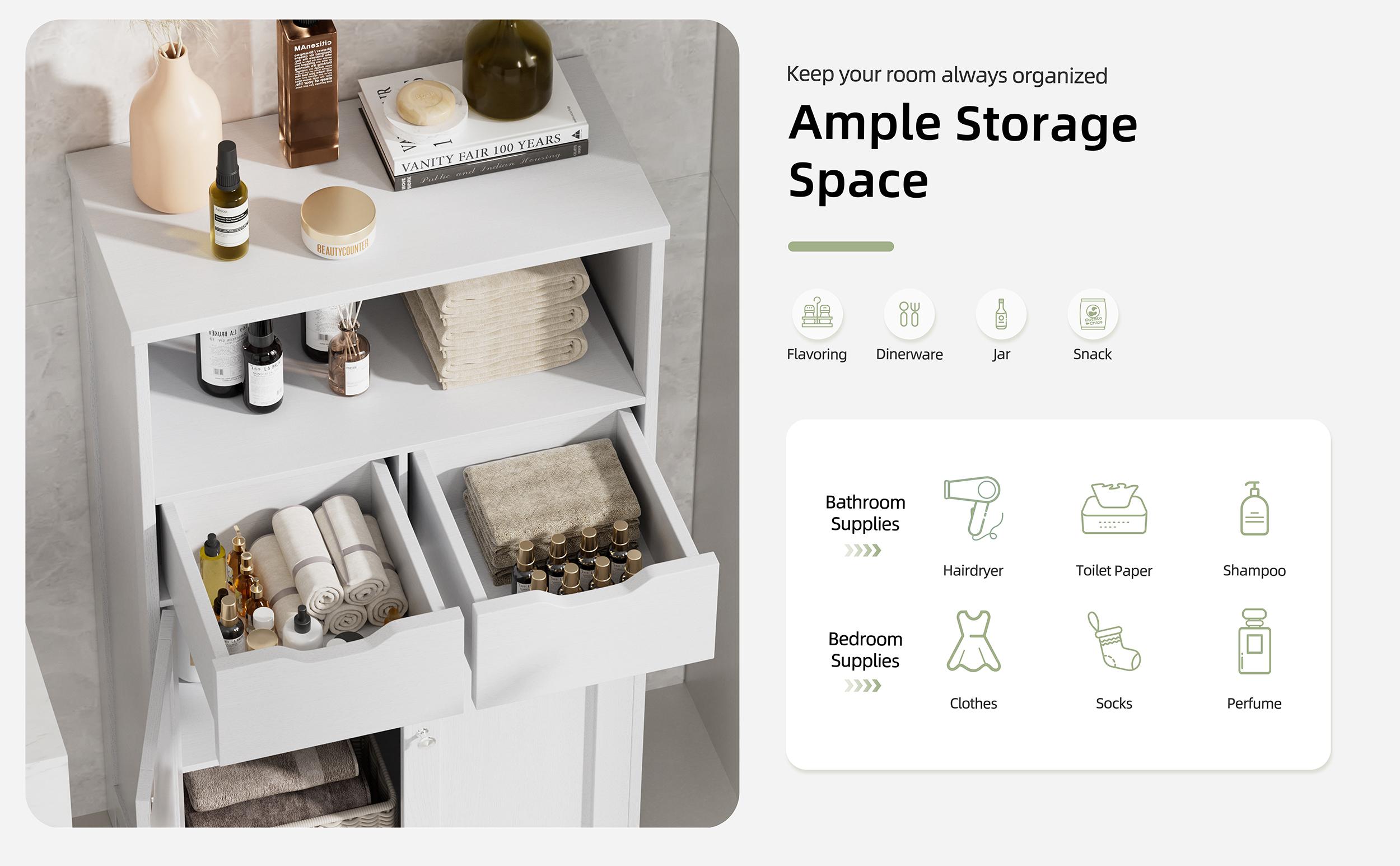 Walsunny Floor Storage Cabinet, Organizer with Doors and Drawers, Freestanding Kitchen Side Cupboard Pantry with Adjustable Shelf Hutch Cupboard for Kitchen/Laundry/Bathroom/Living room