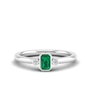 Emerald Cut Bezel-Set 3-Stone Art Deco Emerald and Diamond Band