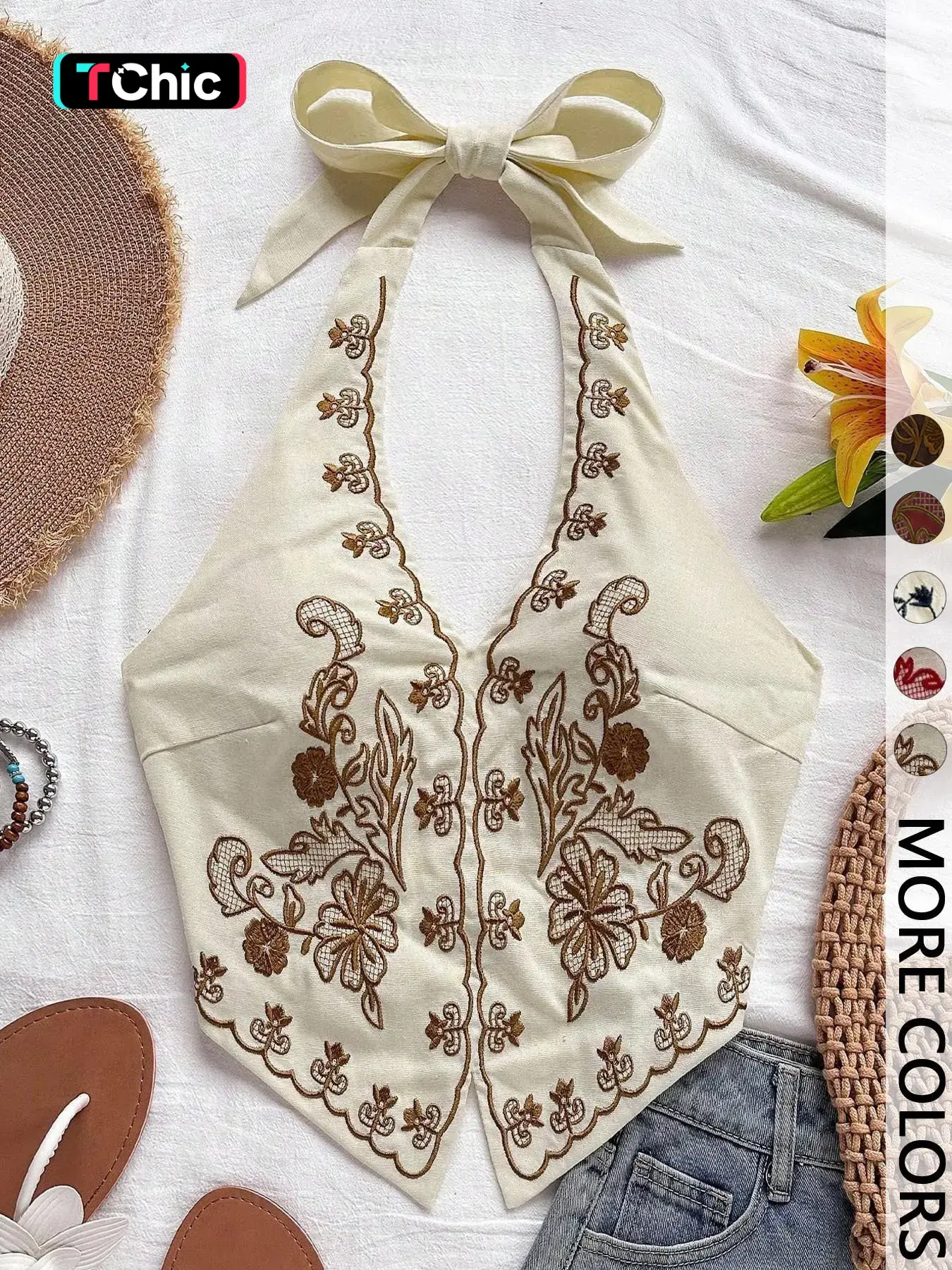Vacation Style Embroidered Floral Halter Neck Sleeveless Tank Top, Cropped Sleeveless Slim-Fitting V Neck Crop Top for Dates, Beach, and Music Festivals