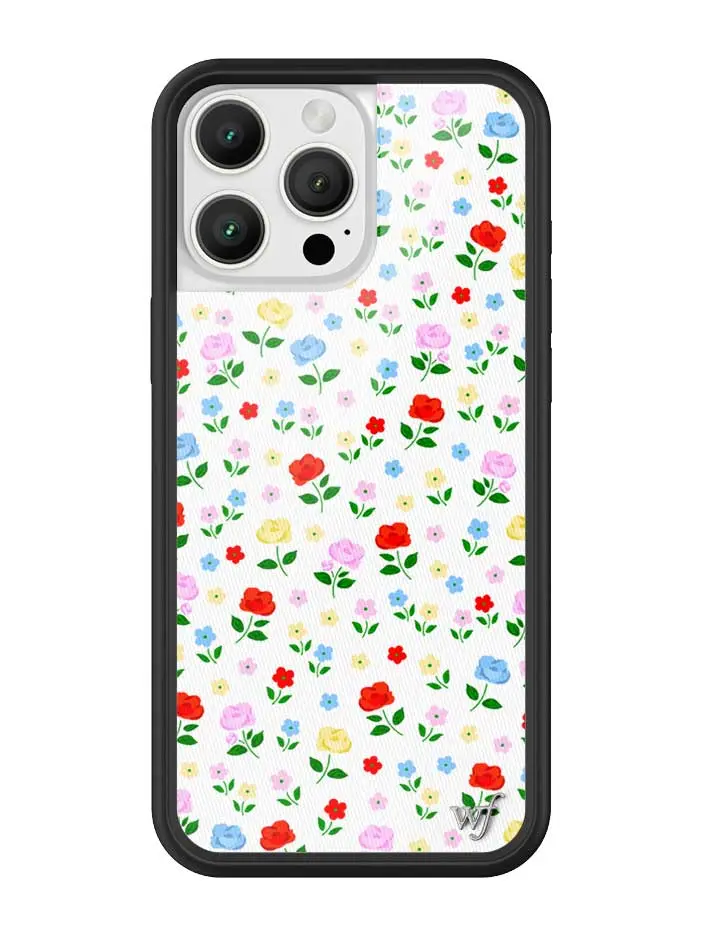 Prairie Floral | Limited Edition Trendy iPhone Case | Raised Protective Black Bumper | Women Owned Small Business | White Background Green Leaves Red Blue Yellow Pink Daisies Floral Pattern | Safety Casing Protective | Gift for Her