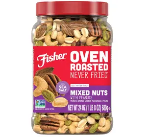 Fisher Oven Roasted Never Fried Mixed Nuts with Peanuts, 24 Ounces (Pack of 1), Peanuts, Almonds, Cashews, Pistachios, Pecans, Trail Mix, Healthy Snacks for Adults, Made With Sea Salt, No Added Oils