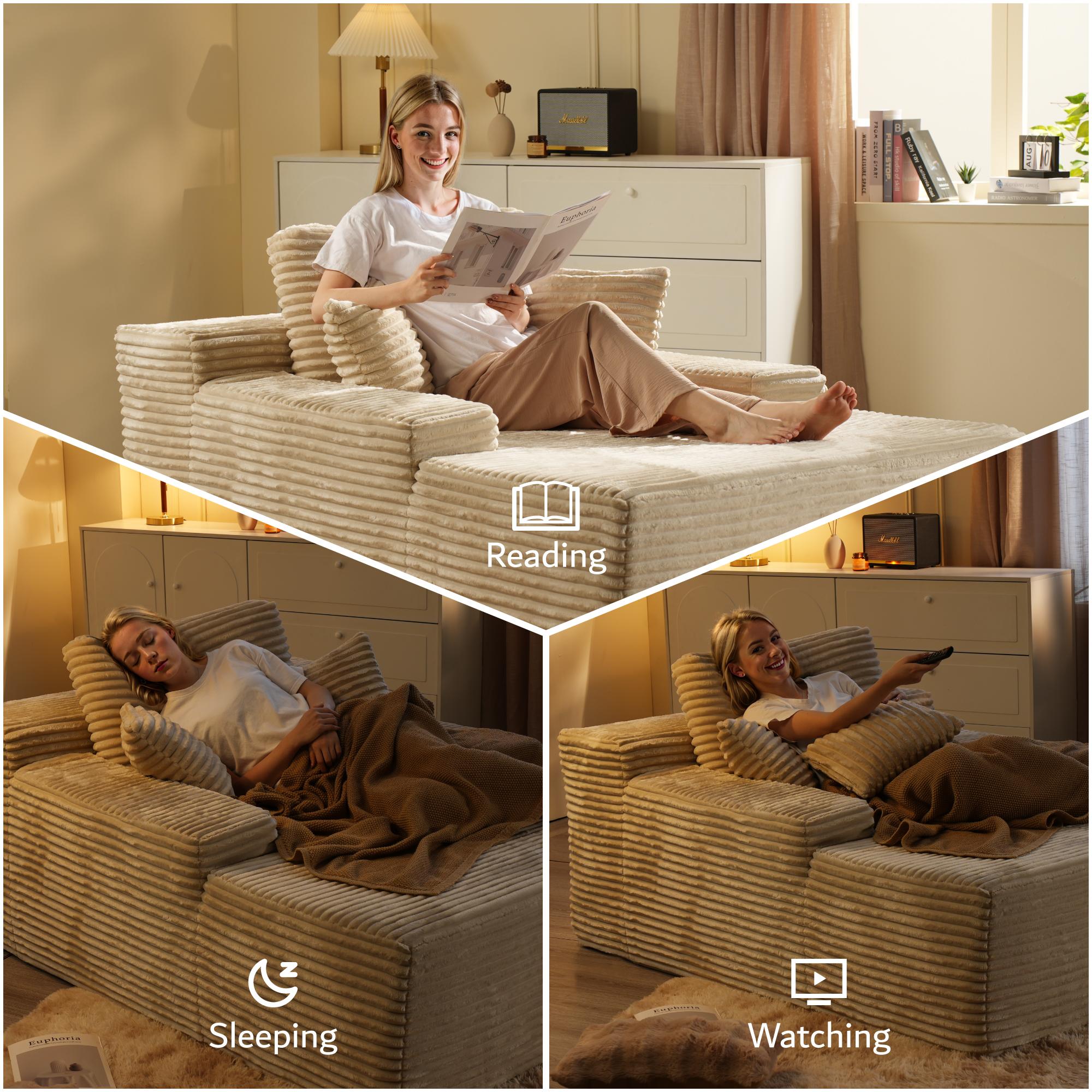 【3 Packages Shipping】Ovios 104" Modular Couch with Chaise and 49'' Boneless Chaise Lounge - L-Shaped Sectional Sofa Set with Flexible Configuration, Plush Corduroy Cloud Velvet Fabric,No Assembly Required, 5 Seater