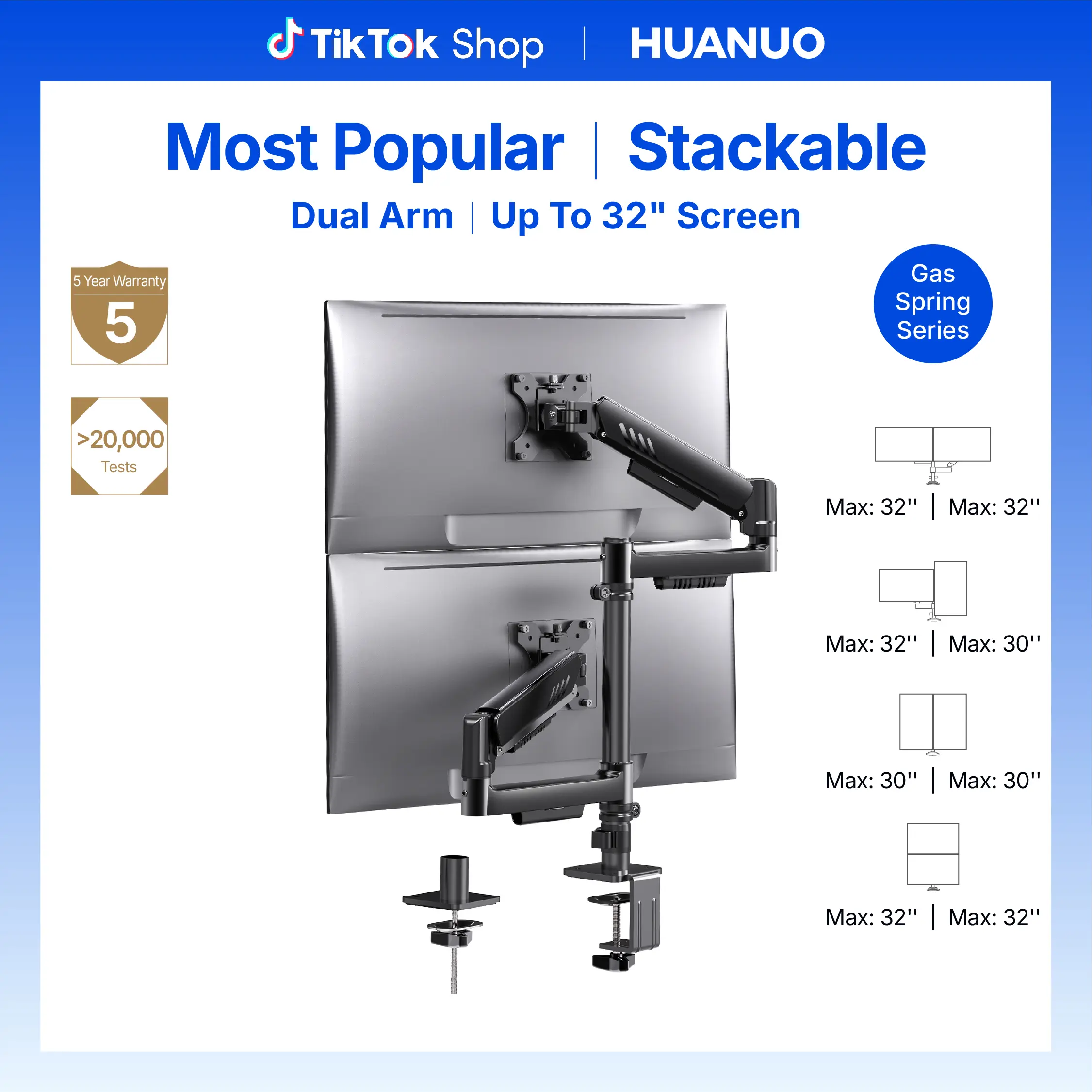HUANUO Computer Monitor Stand - VESA Mount Screens Desk Accessory for 13-32" Displays, 19.8 lbs Max Weight per Arm, Built-in C-Clamp, Enhanced Stability, Upgraded Cable Management, VESA 75x75mm/100x100mm Compatible, Black Finish