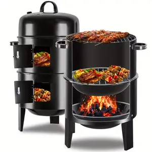 Vertical 16 Inch Steel Charcoal Smoker, Heavy Duty Round BBQ Grill for Outdoor Cooking, Black