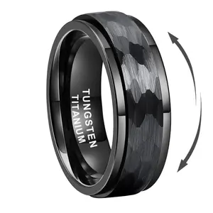 Men's 8mm Black Hammered Tungsten Spinner Ring - Rotatable Beveled Edge, Scratch-Resistant, Comfort Fit Wedding Band for Him