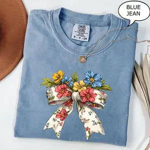 Comfort Colors Spring Floral Bow TShirt, Boho Flower T-Shirt, Coquette Bow Tee, Floral Bow TShirt, Gift For Mom, Gift for Woman